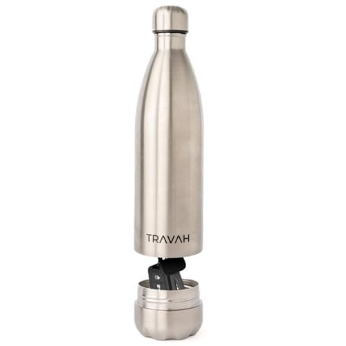 Travah Travel Water Bottle Stainless Steel with Storage for Cash, Keys, Valuables Insulated Bottle for Men and Women Hot and Cold Water Bottle Leak-Proof (Silver)