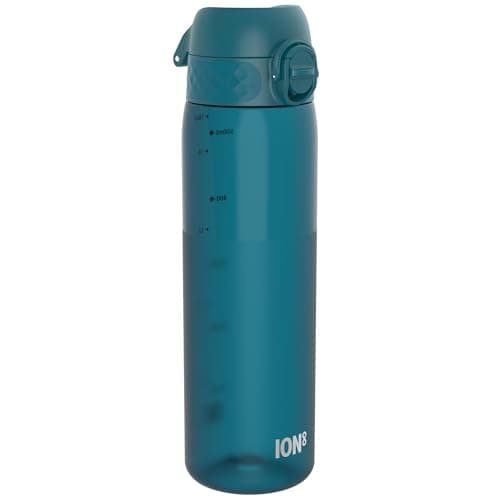 Ion8 Water Bottle, 500 ml/18 oz, Leak Proof, Easy to Open, Secure Lock, Dishwasher Safe, BPA Free, Hygienic Flip Cover, Carry Handle, Fits Cup Holders, Easy Clean, Carbon Neutral, Half Cut Deep Teal