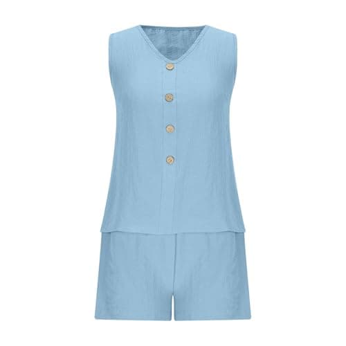 NSICBMNO Blue 2 Piece Outfits Women Summer Co Ord Sets Casual Track Suit Button Up Vest Tops V Neck Tank Tops Hot Pants Running Shorts Loungewear Sets Travel Airport Outfits For Holiday Beach Work — view 5