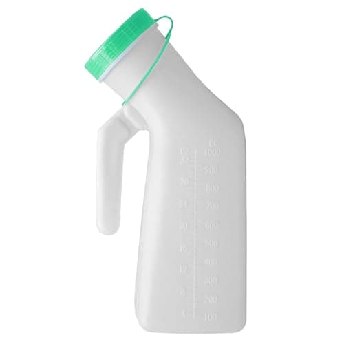 1 Pack Male Urinal Bottle with Glow in The Dark Screw Cap, 1000mL/33oz Spill Proof Plastic Mens Bedpan Bottle for Travel & Urine Collection, Measuring Scale & Easy Grip Handle(Green)