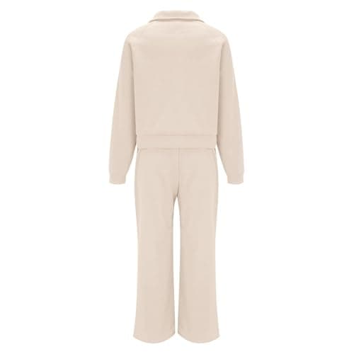 ziubauyke Tracksuit Womens Full Set 2 Piece Half Zip Long Sleeve Pullover Sweatshirt and Sweatpants with Drawstring Outfits Ladies Co Ord Sets Thermal Activewear for Autumn Winter Beige — view 2