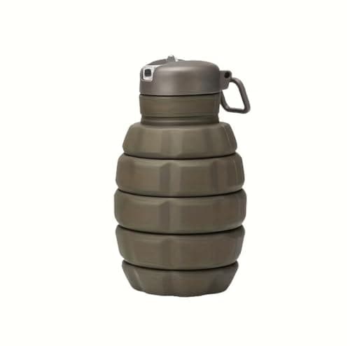 Grenade Shaped Collapsible Water Bottle 500ml, Army Green Silicone Folding Sports Flask with Carabiner, Leak Proof Novelty Gift for Military & Tank Fans, Gym, Camping & Hiking — view 2