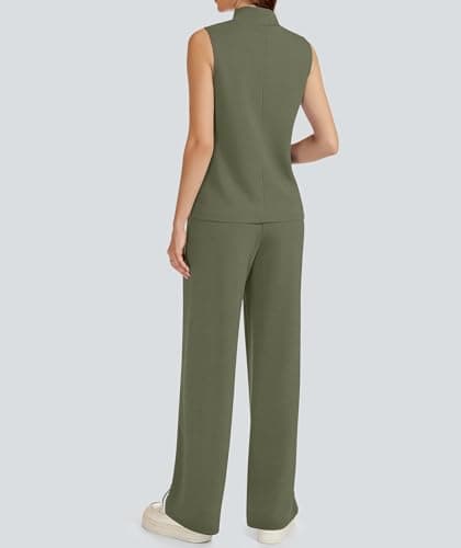 Casly Lamiit Womens 2 Piece Lounge Set Stripes Travel Outfits Sweatsuit Mock Neck Tank Top Wide Leg Pants Casual Activewear, Olive Green, XL — view 5