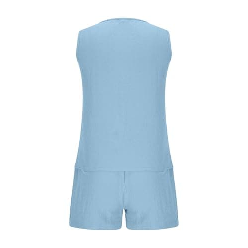 NSICBMNO Blue 2 Piece Outfits Women Summer Co Ord Sets Casual Track Suit Button Up Vest Tops V Neck Tank Tops Hot Pants Running Shorts Loungewear Sets Travel Airport Outfits For Holiday Beach Work — view 6