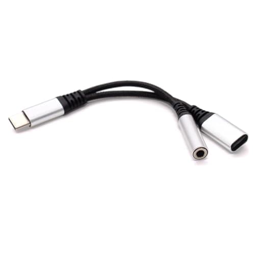 AJPARTS UK USB-C to 3.5mm Jack + Charging Splitter Cable – Short Adapter for Headphones + Power – Ideal for Travel, Car, Work & Gaming – 13.5cm SILVER