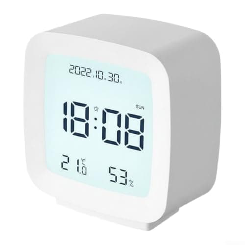 PureBowlic LCD Digital Alarm Clock with Temperature and Humidity Monitor Compact Size Tap or Voice Controlled Backlight 12 or 24 Hour Format Portable ABS for Kids Rooms and Student Desks(white)