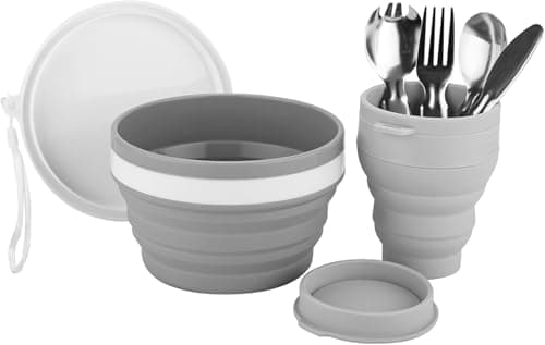 Foldable Mess Kit, ISFORU Portable Collapsible Camping Cups Bowls with Cutlery Set, Microwave Oven Available Food Grade Silicone for Travel Outdoor Hiking and Picnic for 1 — view 6