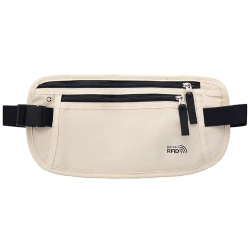 paissit Unisex Money Belt for Men and Women, Slim Passport Holder RFID Blocking Travel Pouch with Adjustable Strap Small Waist Pouch for Workout Running Travelling Hiking, Cream White, M
