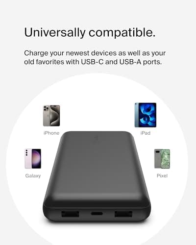 Belkin USB C Portable Charger 20000mAh, 20K Power Bank with USB Type C Input Output Port and 2 USB A Ports with Included USB C to A Cable for iPhone, Galaxy, Pixel, iPad, AirPods and More – Black — view 5