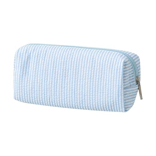 Pencil Case for Girls, Seersucker Striped Pen Bag Aesthetic Cute Stationery Pouch Large Capacity Multifunctional Design for Travel Storage Blu