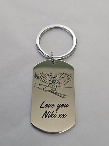 First Glass Designs Personalised Stainless Steel Skiing Keyring – Dog Tag Style Keychain with Ski Design – Gift for Skiers, Winter Sports Lovers, Ski Trips & Holidays – Add Name or Message — view 3
