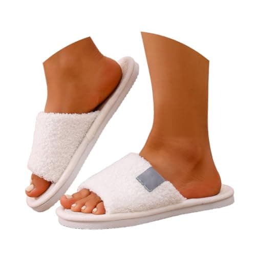 Women’s Open Toe Fluffy Band Mule Slippers, Breathable Linen Insole Memory Foam Slip On Slippers, Warm Quiet Non-Slip Indoor Bedroom House Slipper for Ladies, Ideal Birthday (White, 3.5) — view 4