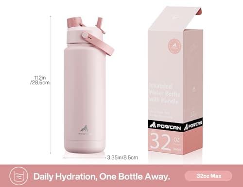 POWCAN Insulated Water Bottle with 2-in-1 Straw and Spout Lid, Keep Cold 24H, Leak-Proof, Fits in Car Cup Holder, Stainless Steel Water Bottle for Sports, School, 946 ml, Cotton Candy — view 5