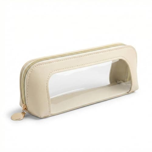 Elegant Beige Clear Makeup Bag with Transparent Window - Premium PU Leather Small Cosmetic Pouch for Travel, Office, and Daily Essentials Organisation, Rectangular Case with Gold Zipper and Rounded