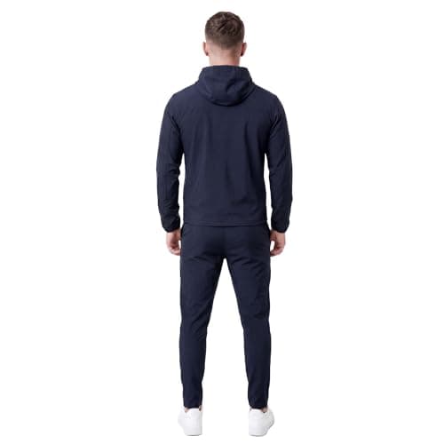 Spindle Men’s 2-Pack Premium Performance Tracksuit Twinset – Tech Bi-Stretch Athletic Hooded Jacket & Jogger Pants Sweatshirt Bundle, Breathable Cotton Poly Training Gym Sweatsuit Set (Navy) — view 3