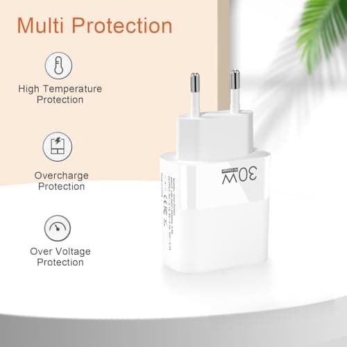 EU plug travel adapter charger, European wall adapter with 2 USB-C fast charging ports and 1 USB-A port, European universal fast charger compatible with iPhone and Samsung — view 6