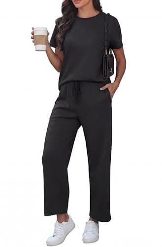 GRECERELLE Airport Two Piece Travel Outfits Set for Women Summer Short Sleeve Casual Crew Neck Tracksuit Womens Full Set Cap Sleeve Tops and Jogging Bottoms with Pockets (Black, XXL)