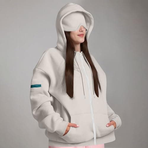 Womens Travel Hoodies with Eye Mask Built in Oversized Airplane Hoodie Secret Pockets Pullover Zip Up Hooded Sweatshirt Autumn Winter Thermal Fleece Jackets Tops UK Size — view 3