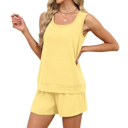 Coord Sets for Women UK Yellow Square Neck Vest Tops and Wide Leg Shorts 2 Piece Travel Airport Outfits Casual Pyjamas Loungewear Leisure Suits Activewear Streetwear UK 12 — view 2