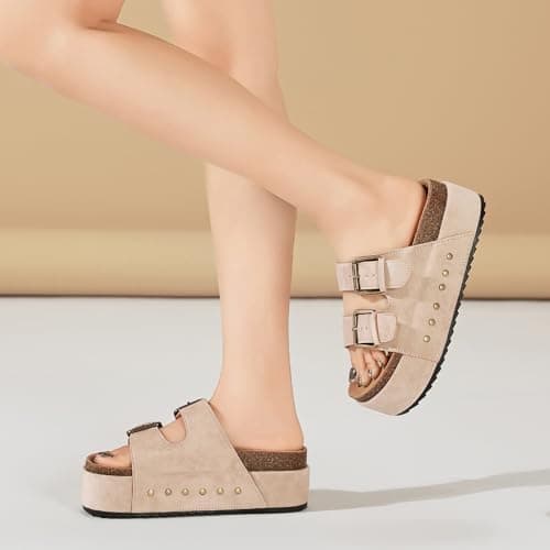 Women's Platform Sandals Cork Footbed Adjustable Double Buckle Slides — view 2