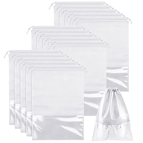15 PCS Travel Shoe Bag, Large Portable Drawstring Shoes Storage Bags Non-Woven Dust Proof Pouch Space Saving Organizer with Transparent Slot for Men Women Daily and Travel Use (White)