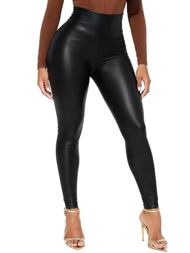 HAWILAND Women Faux Leather Tummy Control Wet Look Skinny Leggings Trousers