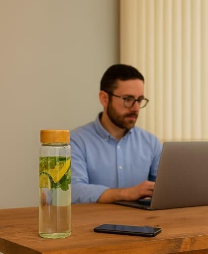 Borosilicate Glass Drinking Bottle, 1L Capacity with leak resistant Bamboo Lid, elegant, transparent, for Water, Beverages and Infused Drinks Storage. — view 4