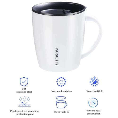 PARACITY Stainless Steel Coffee Mug, with Lid Double Wall Vacuum Travel Mug with Handle, Insulation Travel Office Coffee Mug, Insulated Great for Hot and Cold Beverages 12.3oz/350ml White — view 2