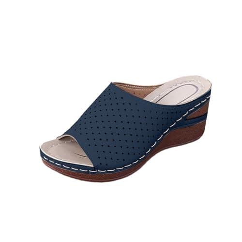 Uwdiohq Women'S Beach Slope Heel Slippers Hollow Casual Bottom Shoes Sandals Travel For Women (Blue, 5) Brown Flip Flops Womens Archers Ladies Pool Black Size 5 Orthopedic 3 Walking Uk Leather
