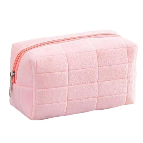 YONEEKSS Small Makeup Bag, Fluffy Travel Cosmetic Bag, Cute Zippered Toiletry Organizer Case, Daily Makeup Pouch for Women Girls (Pink)