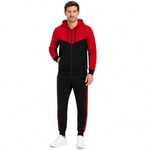 MH Traders Men’s Premium Fleece Tracksuit Set Full Zip Hoodie & Bottoms, Warm Comfortable Loungewear, Casual Sportswear for Gym, Travel & Everyday Wear (UK, Alpha, M, Regular, Regular, Red/Black)