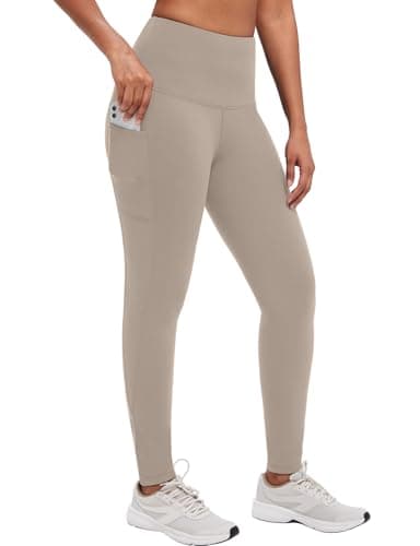 baleaf Thermal Leggings Women Fleece Lined Legging with Pockets Water Resistant Warm Winter Yoga Pants High Waisted Walking Trousers Khaki M