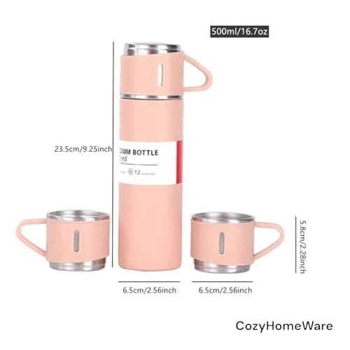 Modern Travel Thermal Flask Set - Flask Set Stainless Steel Vacuum Insulated Bottle with Extra 2 Cup for Hot and Cold Drink (Pink) — view 3