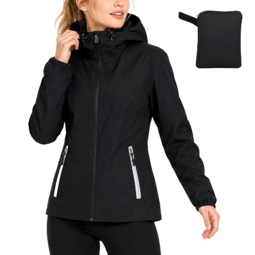 Women's Lightweight Packable Waterproof Jacket, Hooded Windproof Raincoat with Adjustable Hood and 2 Waterproof Zip Pockets for Hiking, Travel, Running (UK, Alpha, L, Regular, Regular, Black)
