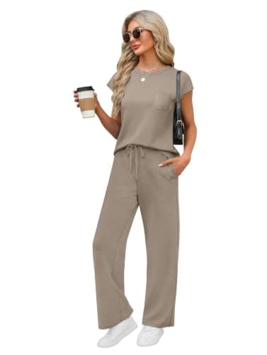 WIHOLL 2 Piece outfits Women fashion lounge wear sets for women uk Casual Summer Travel Vacation Outfits Cap Sleeve Wide Pants Coffee M