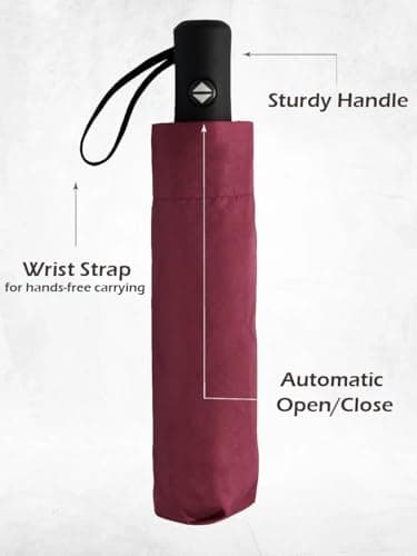 Windproof Travel Umbrella - Compact, Light, Full Automatic Open/Close - Folding Backpack Umbrella for Rain & Sun UV Preotection For Men & Women, Unbreakable 8 Fiberglass Ribs UK Design (Burgundy) — view 5