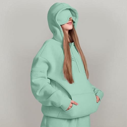 Travel Hoodie with Eye Mask Built-in Oversized Airplane Hoodie Long Sleeve Sweatshirt Pullover Solid Color Comfort Hoodies for Women Uk Autumn Winter Thermal Tops Streetwear Casual Fashion — view 4