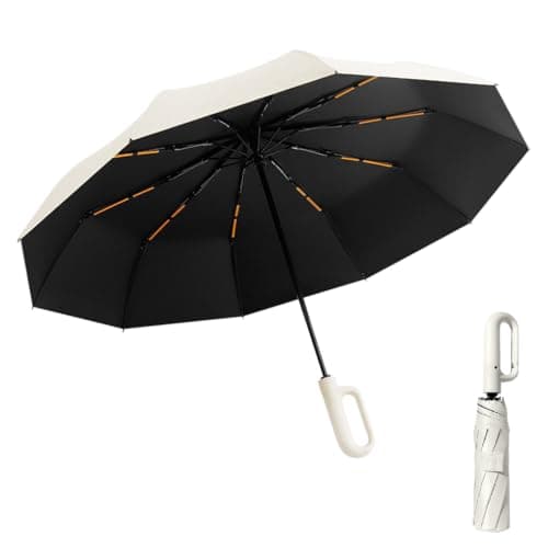 Peldris Compact Umbrella with Carabiner Handle, 10Ribs Folding Portable Strong Windproof Travel Umbrella, Automatic Open Close Umbrellas, Sun Umbrellas UV Protection for Women Men Kids (Beige)