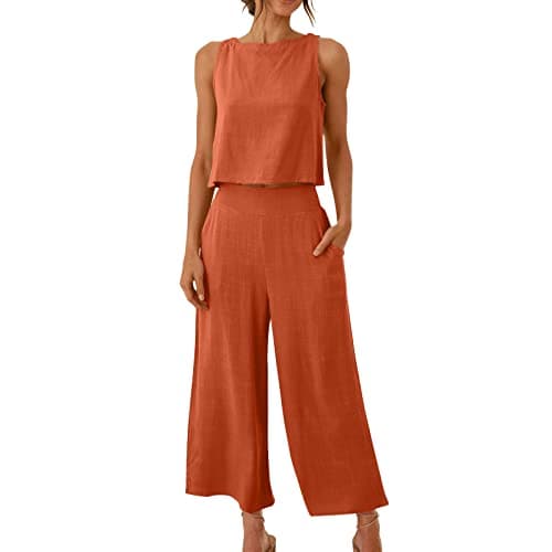 Women's 2 Piece Lounge Set Summer Outfits Casual Sleeveless Camisole Crop Top Capri Wide Leg Pants Jumpsuit Cotton Linen Loungewear Beach Travel Sets Spring Matching Tracksuit — view 2