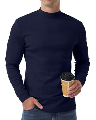 QIXING Men's Thermal Top, Long Sleeve Mock Neck Cotton Base, Navy Blue, S — view 2