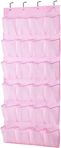 MISSLO Kids Over Door Hanging Shoe Storage Organiser Baby Organizer Hanging Shoe Rack Breathable 24 Large Mesh Pockets for Toddler Girl, Pink
