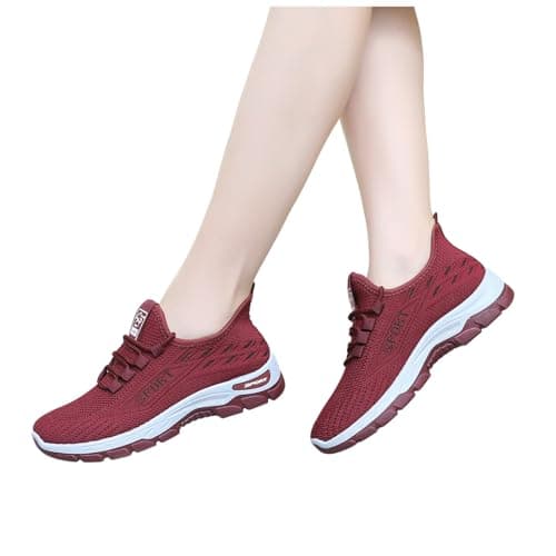 Unisex Walking Trainers Lace Up Knit Flat Soft Sole Breathable Sneakers Red — view 2