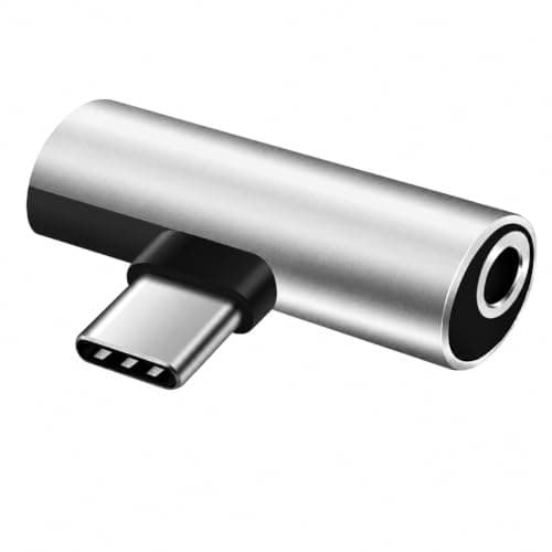 USB C to 3.5mm Headphone Jack Adapter, 2 in 1 Type C to AUX Audio Converter with USB C Charging Port, Headphone & Charging Adapter for USB C Devices, Silver, 1 Pack