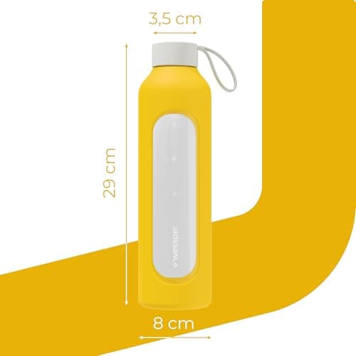 Wessper Glass Water Bottle 1L with Time Markings, BPA-Free Drinking Motivation Borosilicate Water Bottle, Airtight Glass Bottle with Bamboo Lid, Reusable with Silicone Case - Yellow — view 4