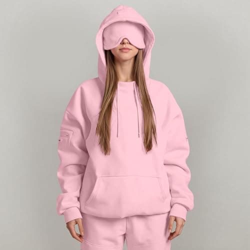 Hooded Sweatshirt With Eye Mask Ladies Plus Size Hoodies Hidded Pocket Travel Airplane Mode Hoodie Long Sleeve Casual Pullover Tops for Office Holiday Hiking 01 Pink L — view 2