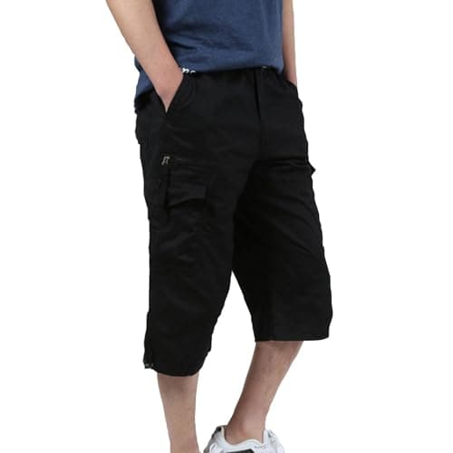 3/4 Trousers Men's Cargo Trousers Men's Bermuda Shorts Multi Pockets Summer Shorts Polyester Cotton Work Trousers Elastic Waistband Casual Outdoor Work Shorts Vintage Breathable Leisure Shorts, black — view 2