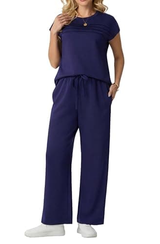 GRECERELLE Two Piece Outfits Women Summer Travel Vacation Tracksuit Womens Full Set Short Sleeve Casual Crew Neck Cap Sleeve Front Plisse Matching Sets Wide Leg Pants (Navy Blue, L) — view 6