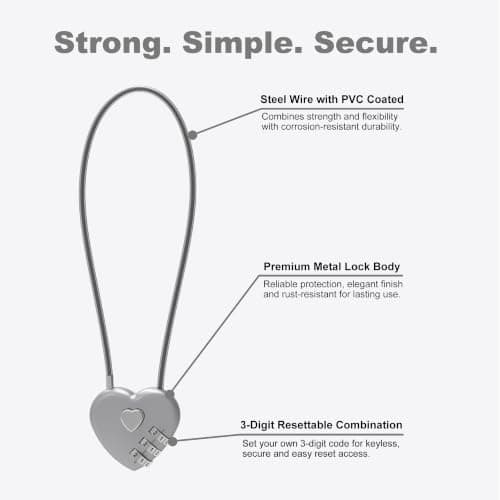 UP Security Premium Combo Lock, Combination Locks for Travel Security, Small Cable Lock for Backpack, Travel Security, Luggage, Suitcase, Bag, Anti-Theft, 3-Digit Password, No Keys (Silver+Silver) — view 4