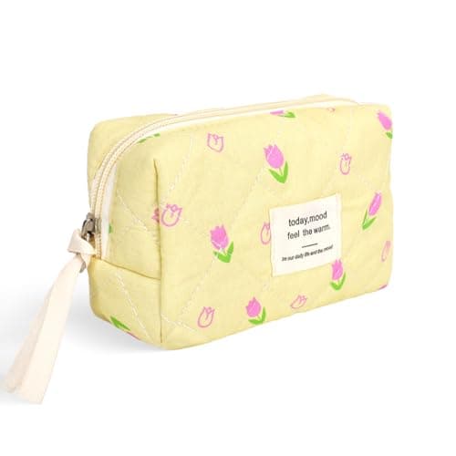 Makeup Bag for Women, Cute Coquette Quilted Cosmetics Make Up Organiser, Portable Travel Brushes Wash Storage, Toiletry Skin Care Pouch Aesthetic Cotton Case, Small Pink Floral (Yellow)