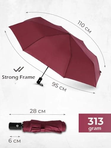 Windproof Travel Umbrella - Compact, Light, Full Automatic Open/Close - Folding Backpack Umbrella for Rain & Sun UV Preotection For Men & Women, Unbreakable 8 Fiberglass Ribs UK Design (Burgundy) — view 3
